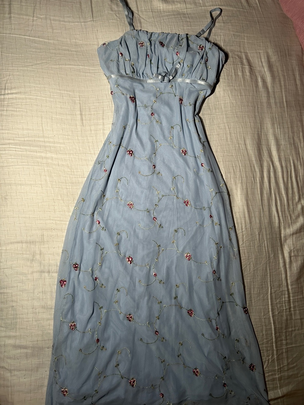 Light Blue Floral Embroidered Spaghetti Strap Dress Prom